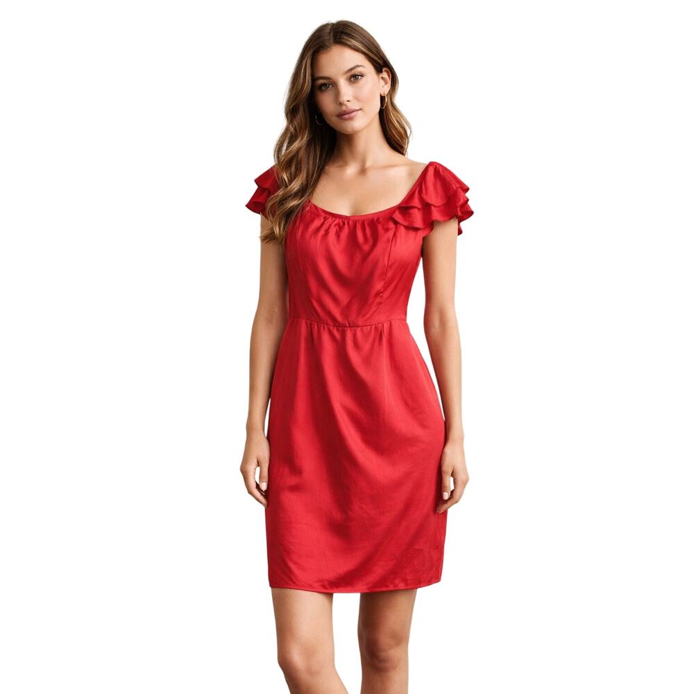 ANTONIO MELANI Women's Size 12 Red Silk Dress Sheath Flutter Sleeve Fully Lined